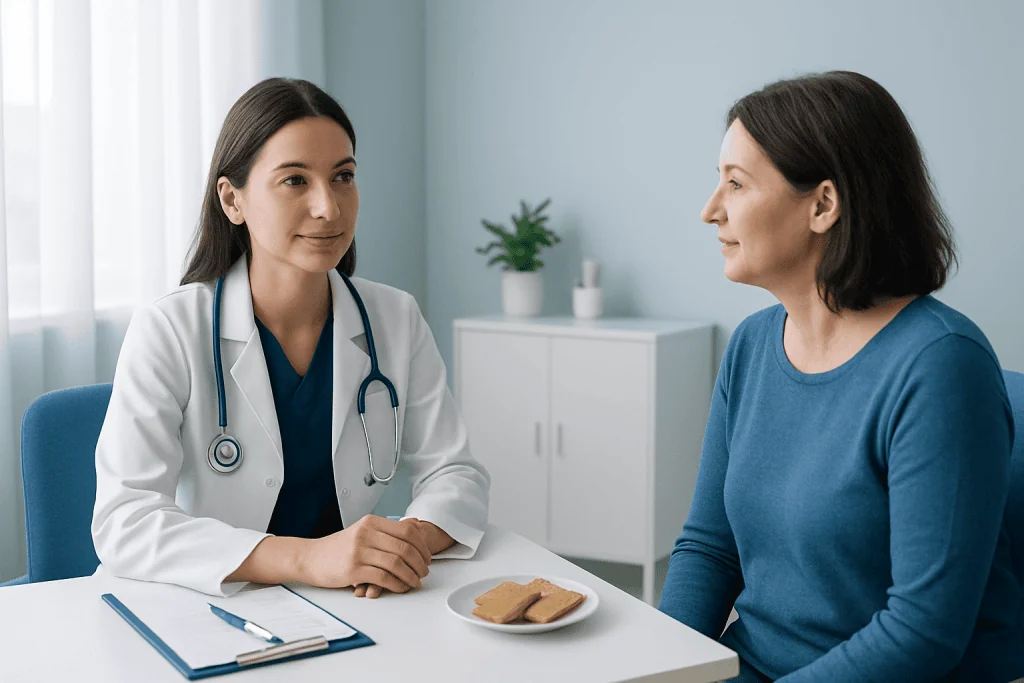 Doctor consulting with a patient in a medical office setting.