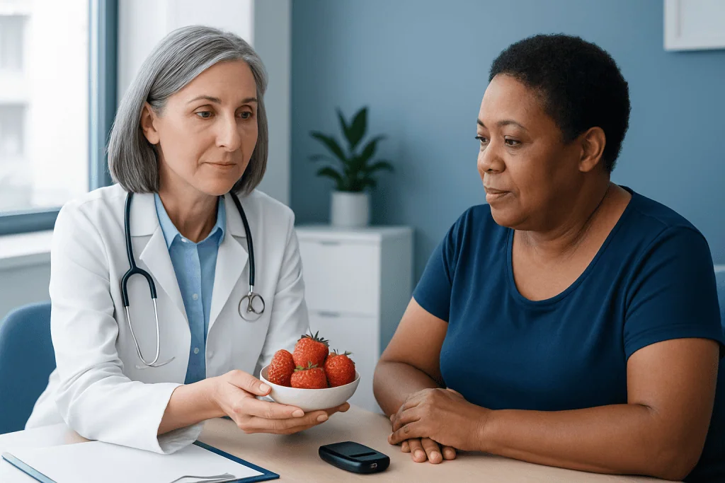 Doctor showing strawberries to a patient in a medical consultation.