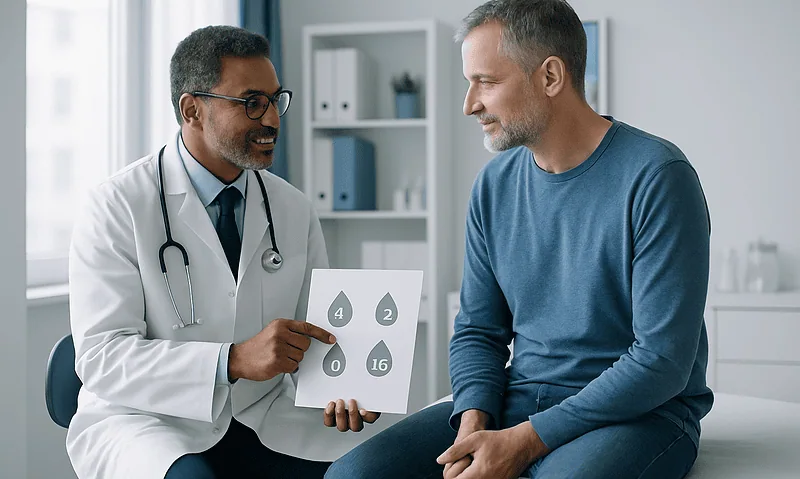 Doctor explaining blood types to a patient in a medical consultation.
