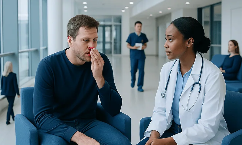 Patient consulting with doctor about nose injury in hospital corridor.
