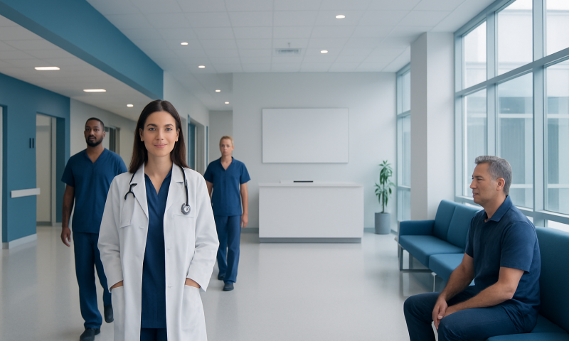 Healthcare professionals in a modern hospital corridor with a patient sitting nearby.