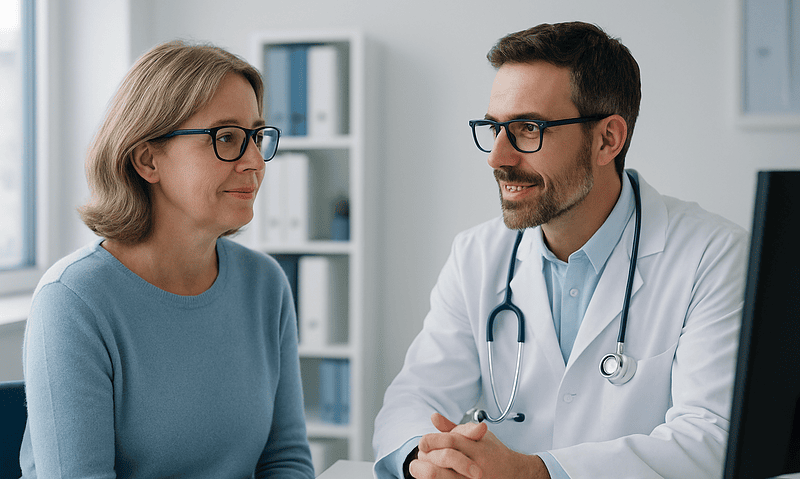 Doctor consulting with a middle-aged woman in a medical office setting.