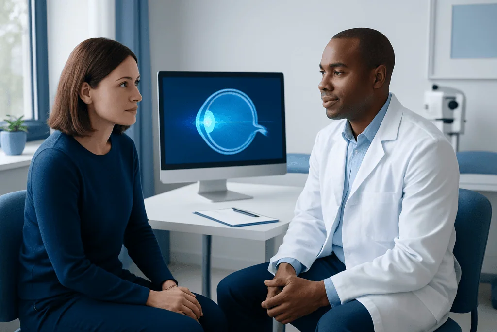 Doctor explaining eye health to a patient in a clinical setting.