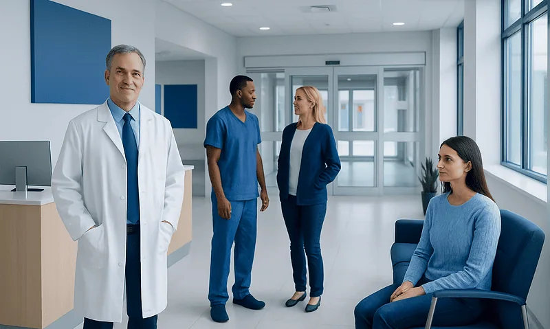 Medical team in hospital corridor with doctor and patients.