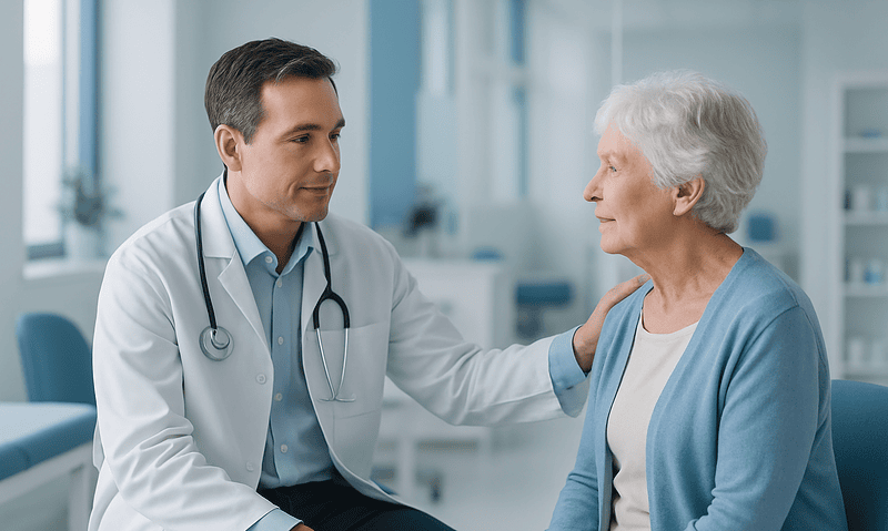 Doctor consulting with elderly woman in a hospital setting.