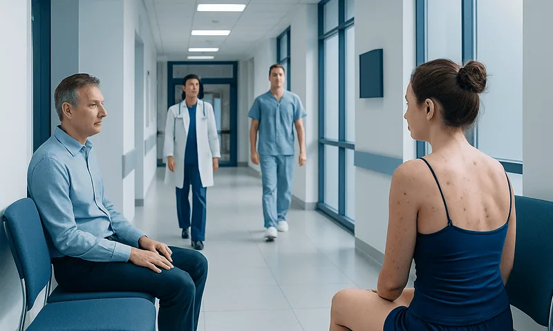 Doctor consulting a patient in a hospital corridor with medical staff in the background.