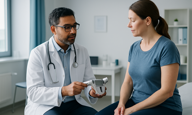 Doctor explaining body fat measurement to a woman in a clinic setting.