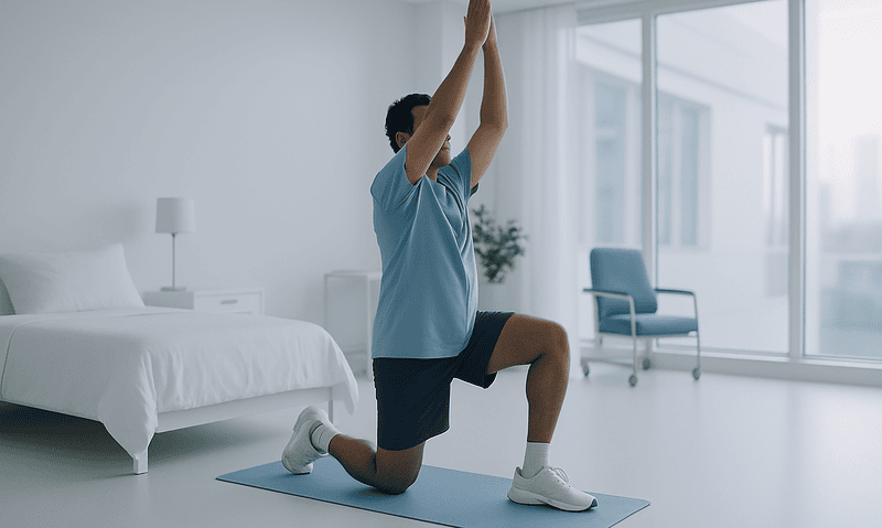 Person doing yoga in a bright, modern bedroom with large windows.