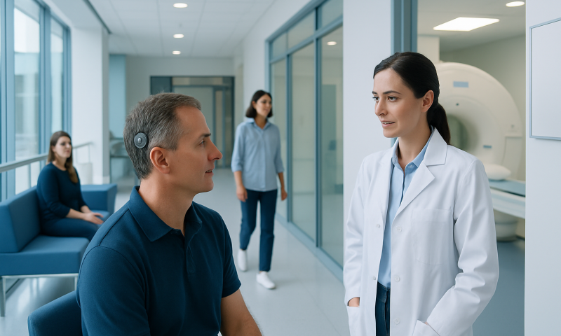 Doctor consulting patient in hospital corridor with MRI machine in background.