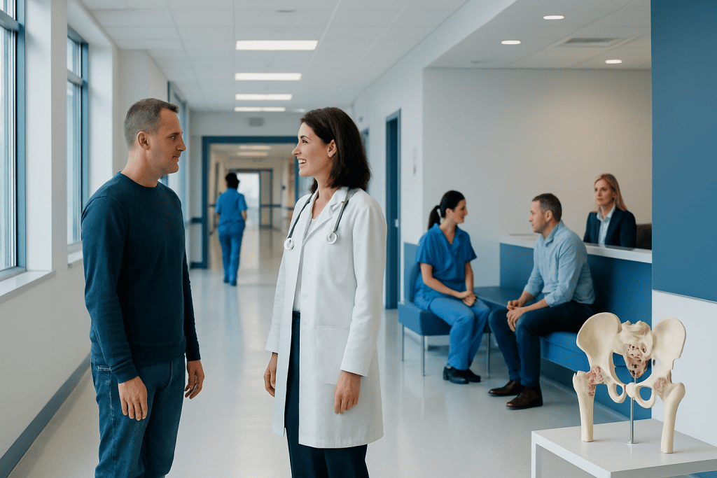 Bone Aneurysmal Cyst Treatment: How It Works, Results and What to Expect 1 Doctor talking to patient in hospital corridor with medical staff in background.