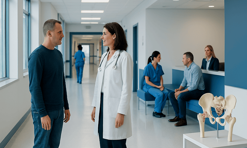 Doctor talking to patient in hospital corridor with medical staff in background.