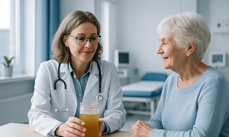 Doctor consulting elderly patient with a glass of herbal tea in a clinic.