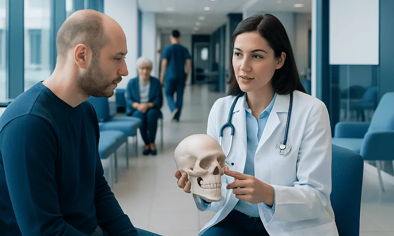 Doctor explaining skull model to patient in hospital corridor.