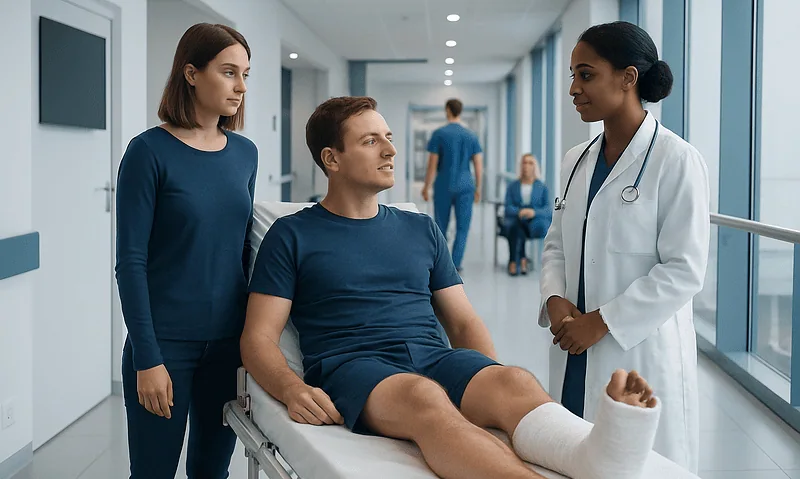 Bone Fracture in Foot Treatment: How It Works, Results and What to Expect 4 Patient with leg injury consulting with doctor in hospital corridor.