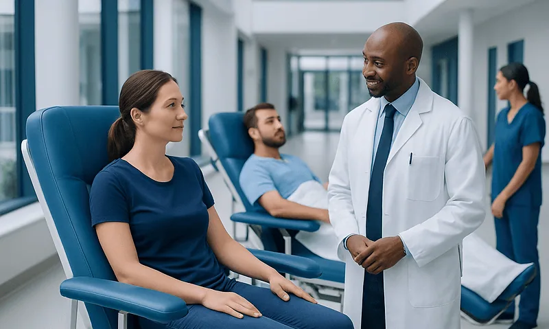 Doctor talking to a patient in a hospital donation center.