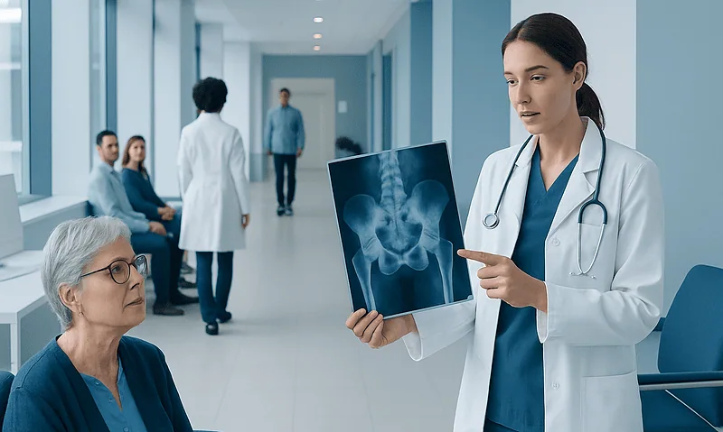 Doctor explaining hip X-ray to elderly patient in hospital corridor.