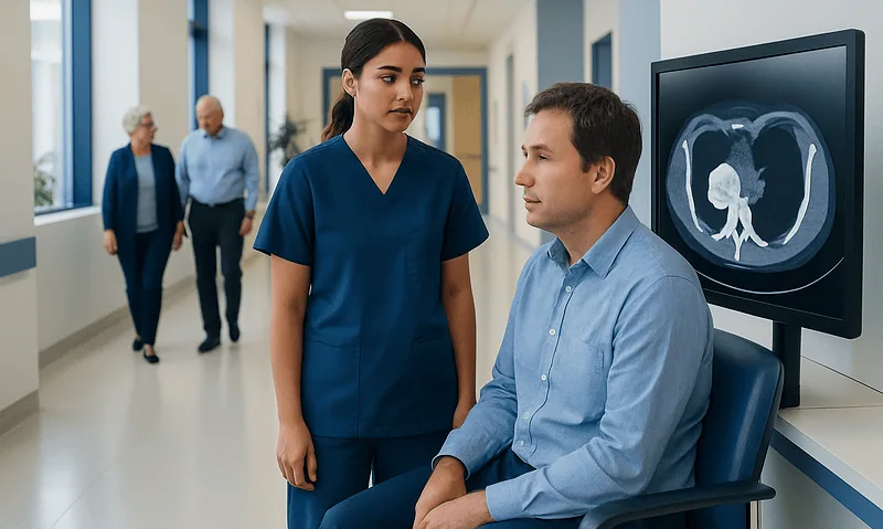 Doctor discussing CT scan results with patient in hospital corridor.