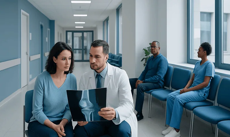 Doctor explaining X-ray results to a patient in hospital corridor.