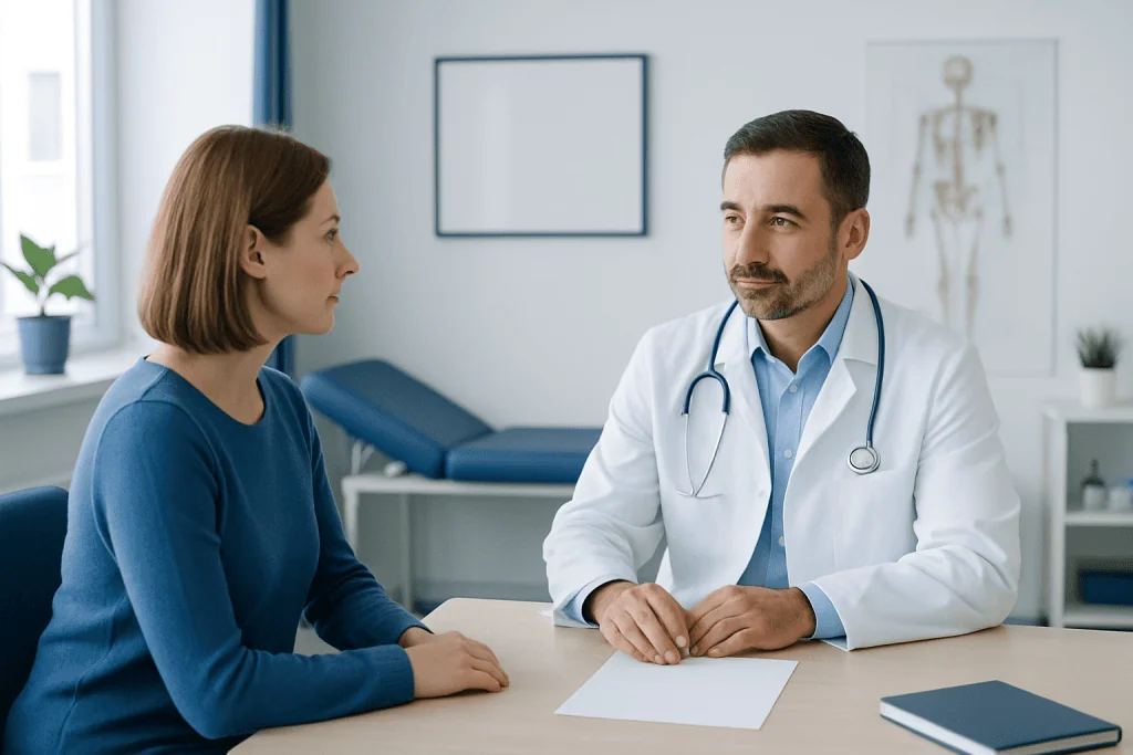 Doctor consulting with a female patient in a modern medical office.
