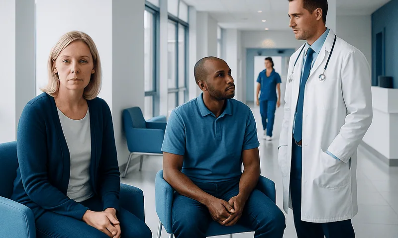 Doctor consulting with patients in a hospital waiting area.