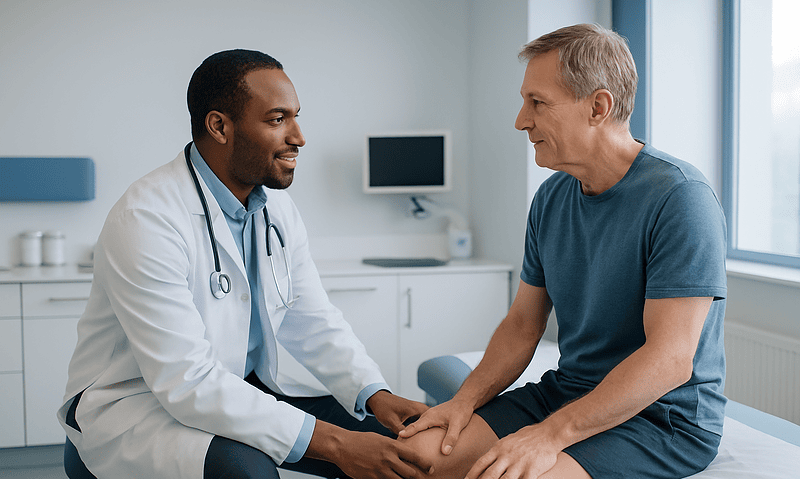 Doctor consulting with patient about bilateral knee replacement options.