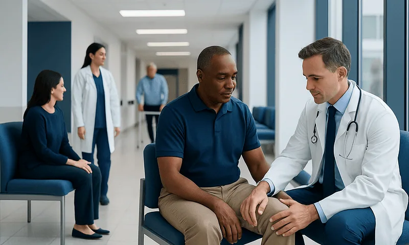 Doctor examining patient's knee in a hospital corridor.