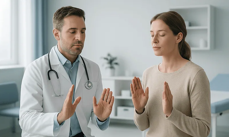 Doctor and patient practicing box breathing technique in clinic.