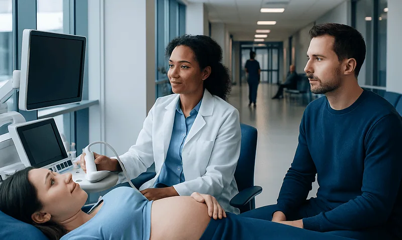 Ultrasound examination in a hospital setting with medical staff and patient.