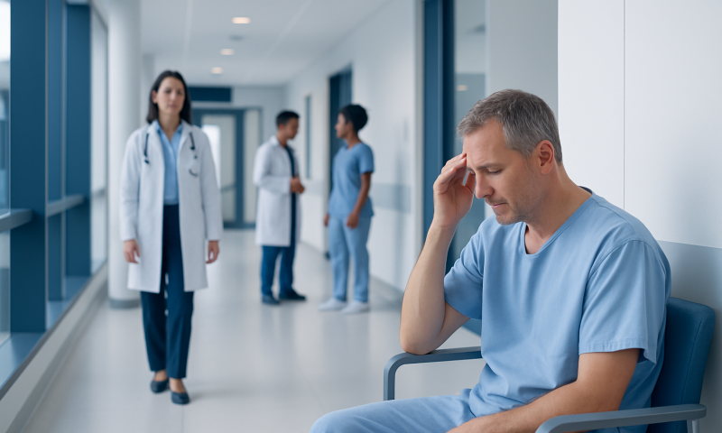 Man with headache in hospital corridor after surgery.