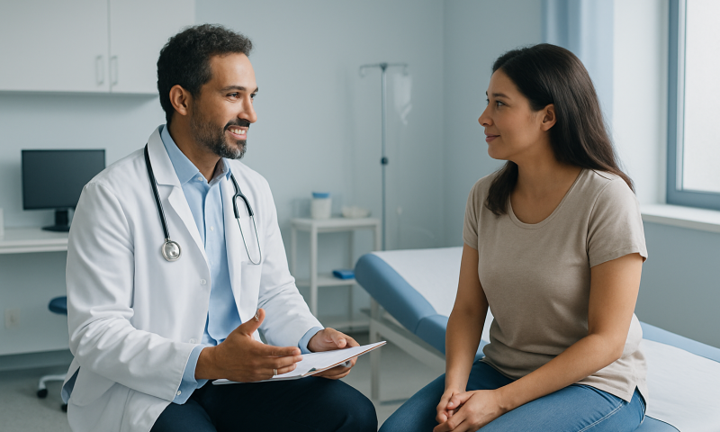 Doctor consulting with a female patient in a medical office.