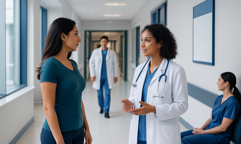 Doctor consulting patient in hospital corridor with nurse seated nearby.