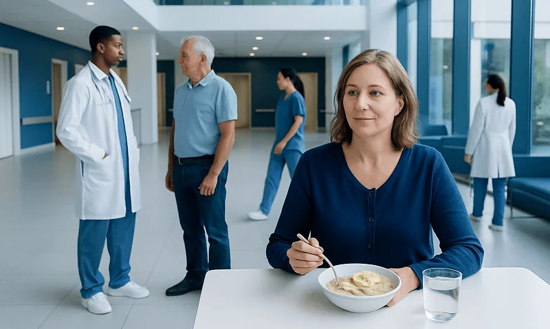 Patient eating breakfast in hospital cafeteria with medical staff nearby.