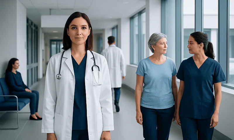 Medical professionals and patients in a hospital corridor at Acibadem Hospitals Group.