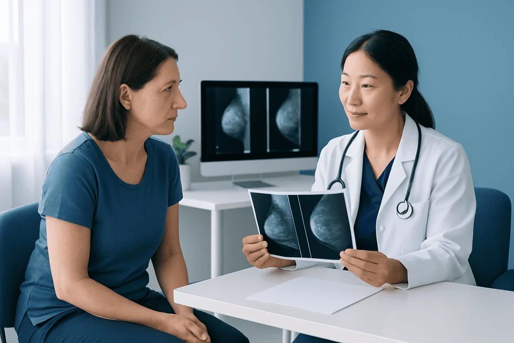 Doctor explaining mammogram results to a patient in a medical consultation.