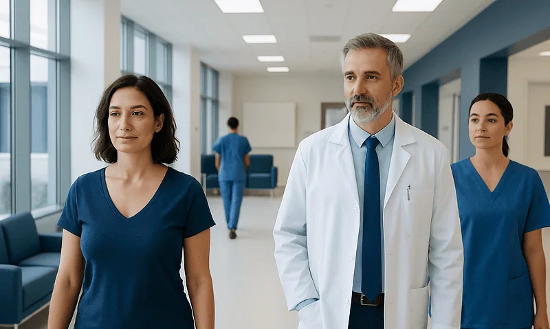 Medical team walking in hospital corridor with doctor and nurses in blue scrubs.