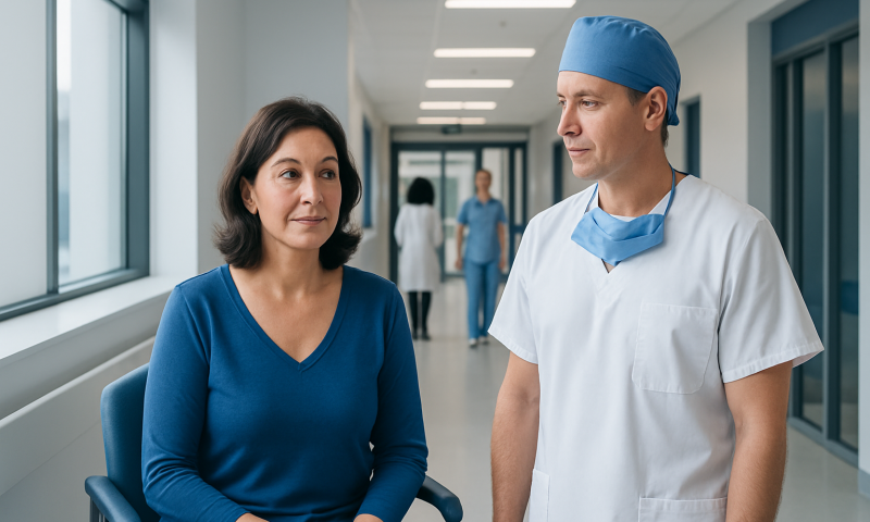 Breast Lumpectomy: Procedure, Recovery and Results 6 Doctor consulting a female patient in hospital corridor.