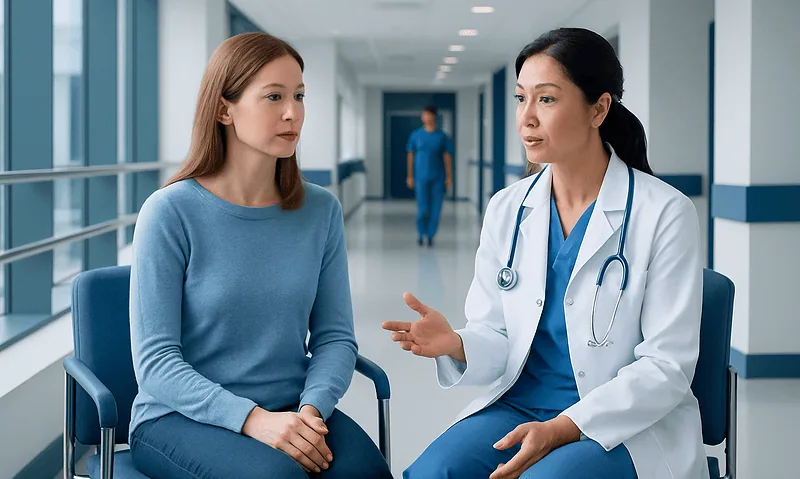 Doctor consulting with a patient in a hospital corridor.
