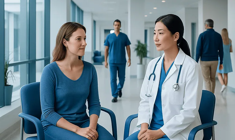Patient consulting with doctor in modern hospital corridor.