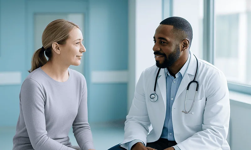 Doctor consulting with a patient in a modern hospital setting.