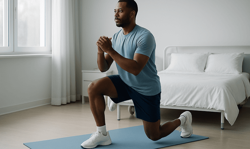 Man performing lunges for exercise in a bright bedroom.