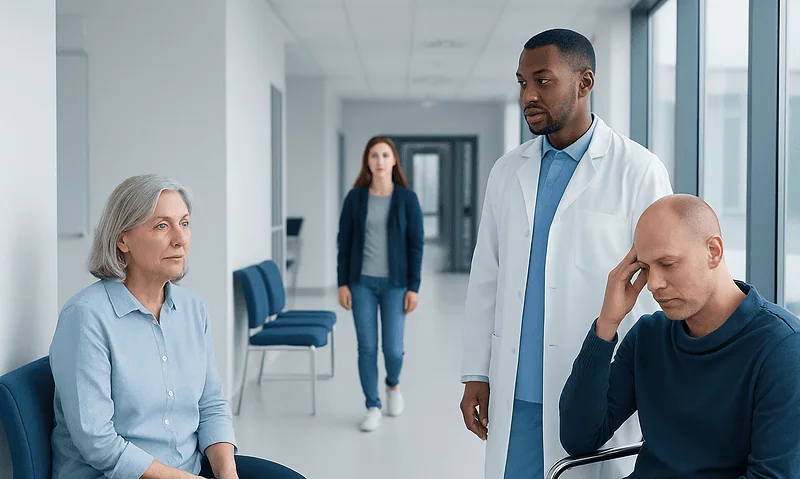 Doctor consulting with elderly patient in hospital corridor.