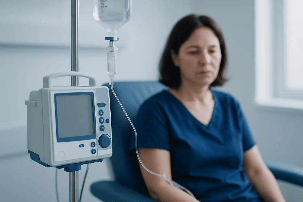 Patient receiving IV therapy in a hospital setting.