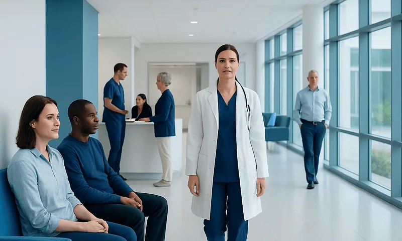 Healthcare professionals and patients in a modern hospital corridor.