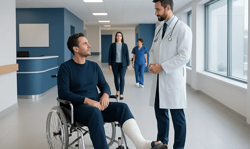 Doctor consulting a patient with a broken ankle in hospital corridor.