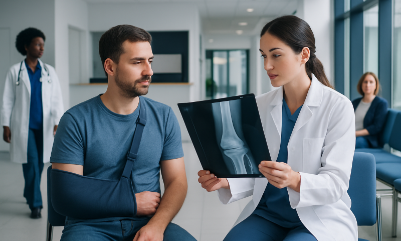 Doctor explaining broken arm X-ray to patient in hospital setting.
