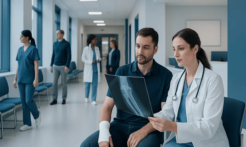 Doctor reviewing X-ray with patient in hospital corridor.