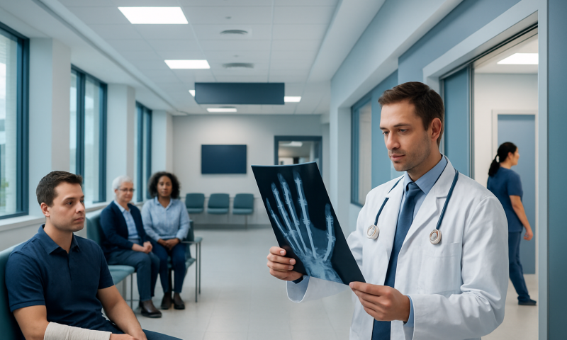 Doctor reviewing a broken hand X-ray in a hospital setting.