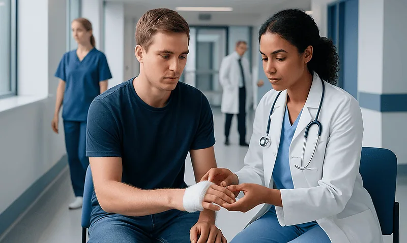 Broken Knuckle — Explained by Medical Evidence, Not Myths 7 Medical professional bandaging a young man's hand in hospital corridor.