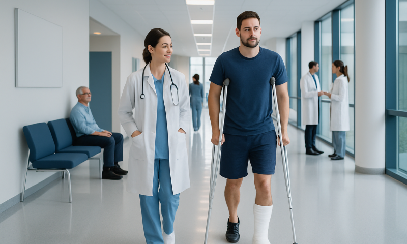Broken Leg Recovery: A Week-by-Week Timeline 6 Patient with leg injury using crutches in hospital corridor with medical staff.