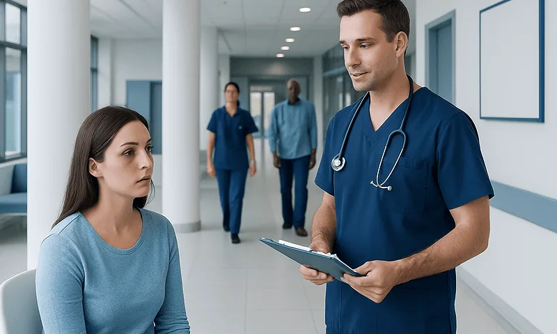 Doctor consulting with a patient in a hospital corridor.